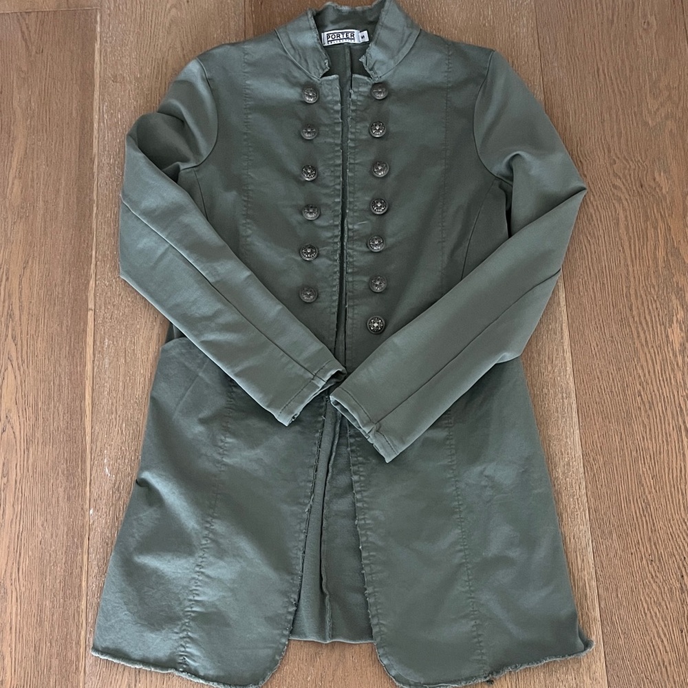 Porter Collective Alchemy Olive Open Front 3/4 length jacket size Small NWOT